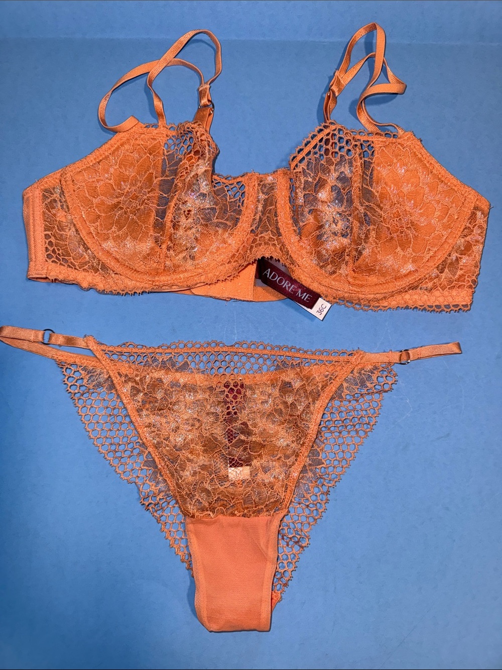 Adore Me Bright Orange Lace Underwire Bra & Matching Thong